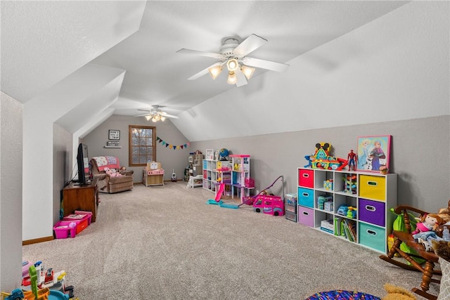 11154 E Ravenwood Ct, Effingham, IL 62401 - recreation room featuring carpet flooring, lofted ceiling, and a ceiling fan