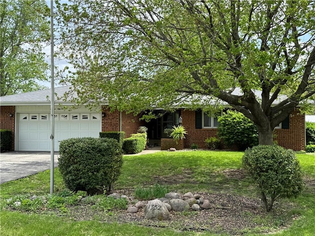 ranch-style home with brick siding, an attached garage, driveway, and a front lawn