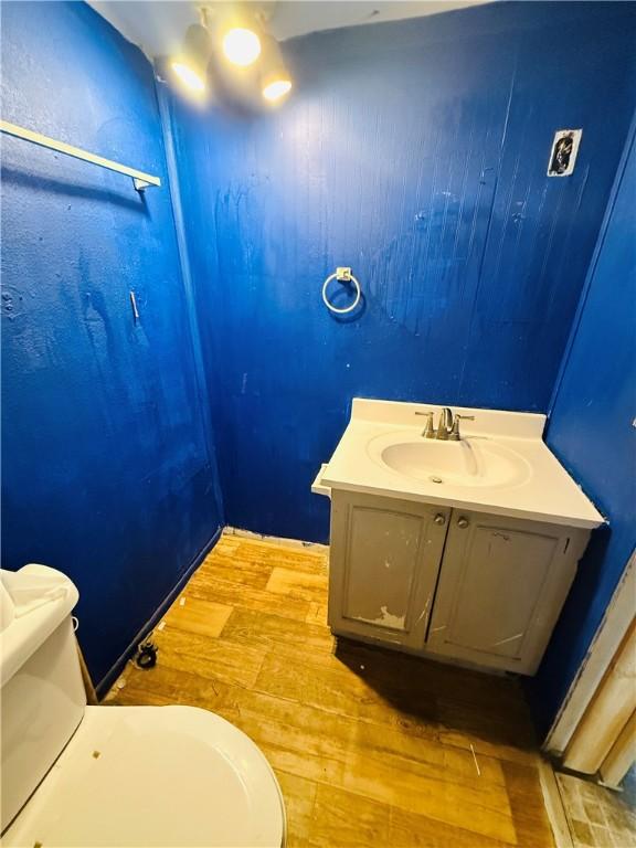 bathroom featuring vanity, toilet, and wood-type flooring