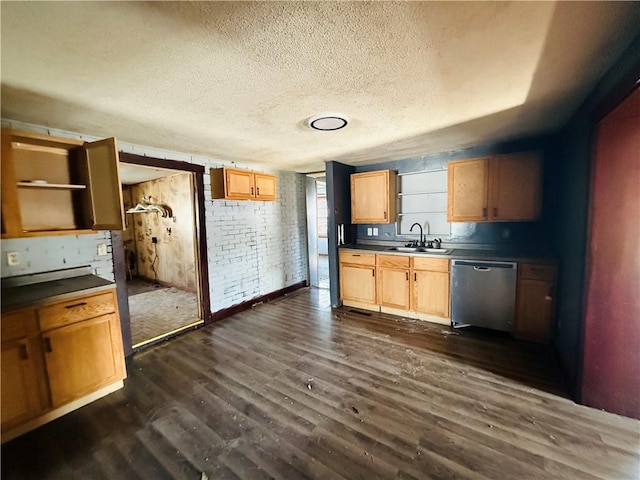 kitchen featuring sink, a textured ceiling, dark hardwood / wood-style floors, and dishwasher