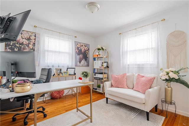 office space with baseboards and wood finished floors