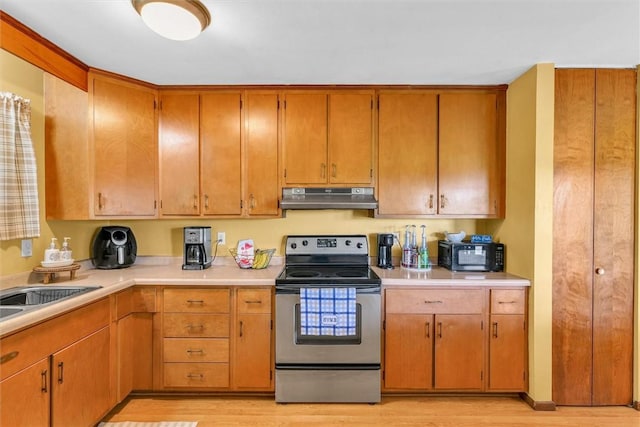 1283 N 1400 E Rd, Shelbyville, IL 62565 - kitchen featuring electric range, under cabinet range hood, light countertops, and light wood finished floors