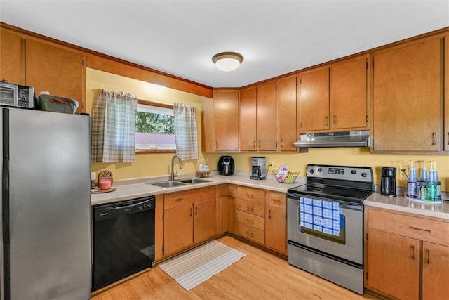 kitchen featuring light wood-type flooring, sink, and appliances with stainless steel finishes