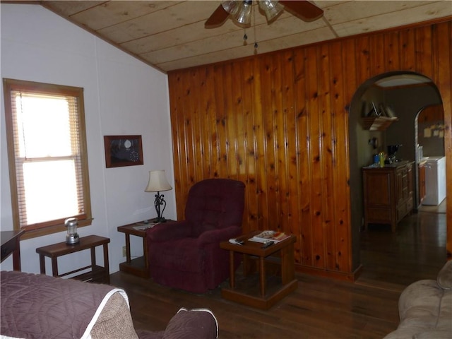 1402 Dean St, Danville, IL 61832 - living room with wood finished floors, lofted ceiling, ceiling fan, wood ceiling, and wooden walls
