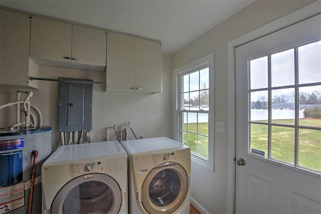 laundry area with a water view, cabinets, washer and dryer, electric panel, and water heater