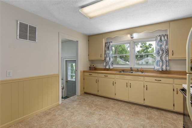 911 Saint Anthony Ave, Effingham, IL 62401 - kitchen featuring cream cabinetry, a textured ceiling, healthy amount of natural light, and a wainscoted wall