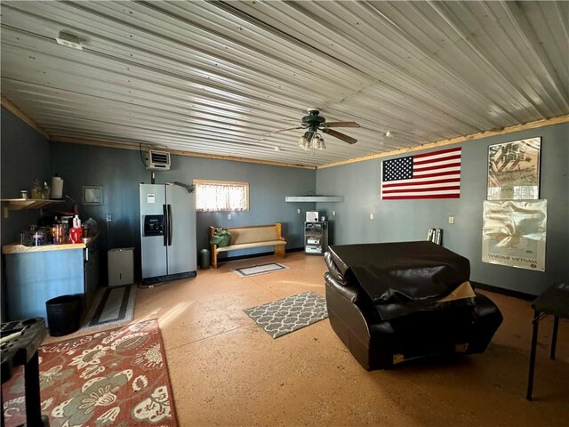 interior space with a wall unit AC and ceiling fan