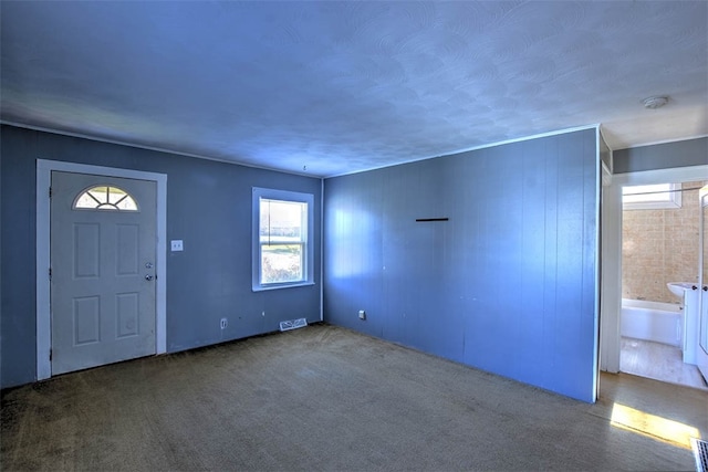 foyer entrance with carpet floors