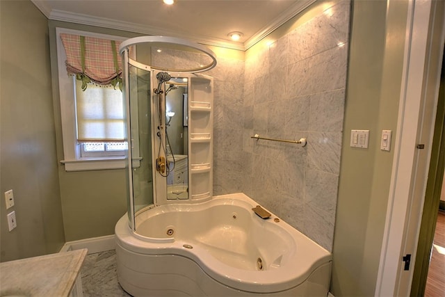 bathroom with a bathing tub, vanity, and crown molding