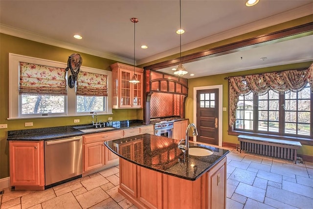 580 Powers Ln, Decatur, IL 62522 - kitchen featuring stainless steel appliances, a sink, stone tile flooring, recessed lighting, and dark stone countertops