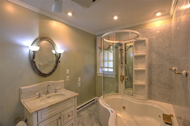 bathroom with crown molding, vanity, a baseboard radiator, and plus walk in shower