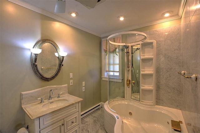 580 Powers Ln, Decatur, IL 62522 - bathroom with a baseboard radiator, ornamental molding, a whirlpool tub, vanity, and marble finish floors