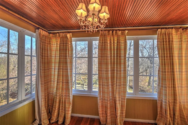 interior space with wooden ceiling, hardwood / wood-style flooring, an inviting chandelier, and wooden walls