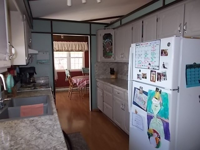 kitchen featuring hardwood / wood-style floors, white fridge, ventilation hood, and sink