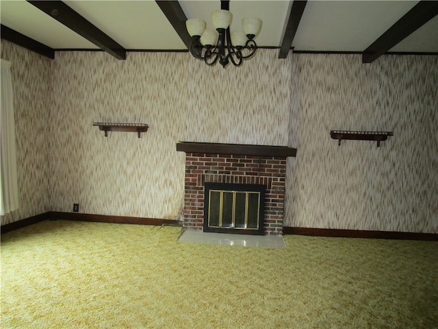 506 W 5th St, Pana, IL 62557 - unfurnished living room featuring beam ceiling, a chandelier, carpet flooring, wallpapered walls, and a fireplace