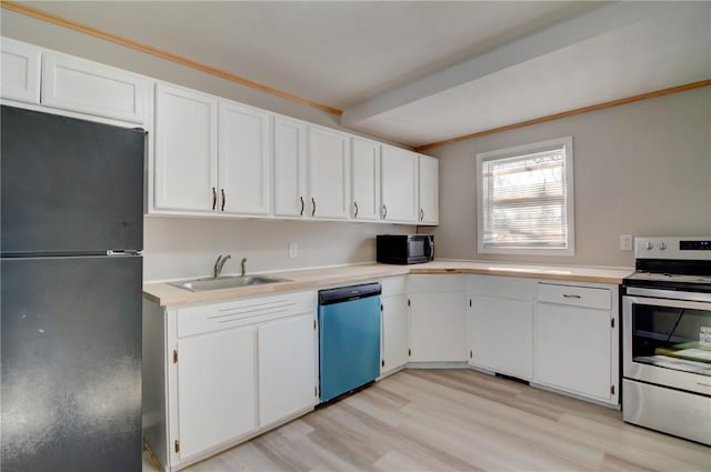 kitchen featuring light hardwood / wood-style floors, sink, white cabinetry, and black appliances