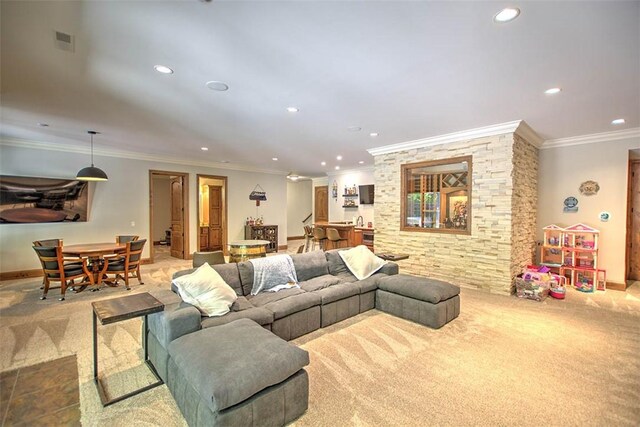 2125 Reserve Way, Decatur, IL 62521 - living area with carpet flooring, recessed lighting, crown molding, and baseboards