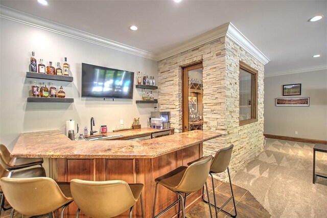 2125 Reserve Way, Decatur, IL 62521 - indoor wet bar with crown molding, carpet floors, recessed lighting, and baseboards