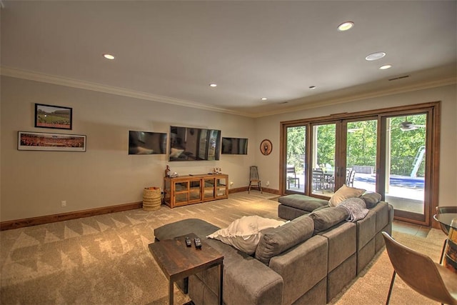 2125 Reserve Way, Decatur, IL 62521 - living room with baseboards, light colored carpet, recessed lighting, and ornamental molding