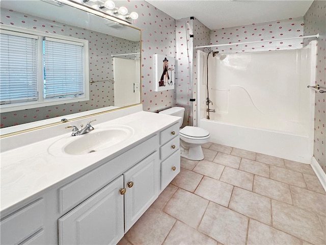 full bathroom with toilet, vanity, bathing tub / shower combination, and tile patterned flooring