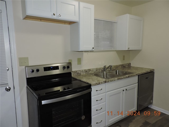 kitchen with dishwasher, stainless steel electric stove, white cabinets, sink, and dark hardwood / wood-style floors