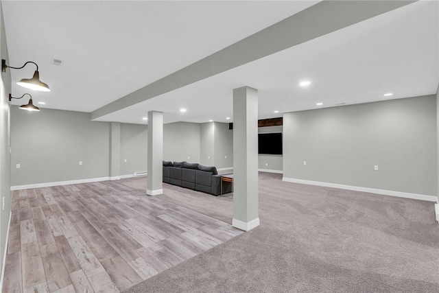 basement with light wood-type flooring