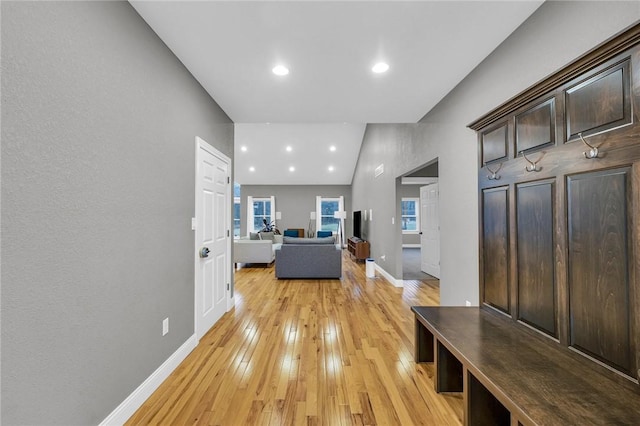 interior space featuring vaulted ceiling and light hardwood / wood-style flooring