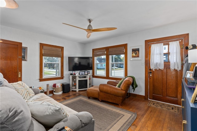 living room with ceiling fan and dark hardwood / wood-style flooring