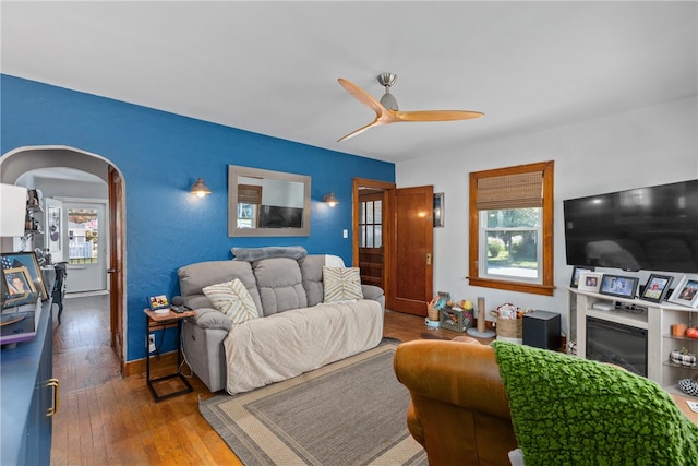 living room with hardwood / wood-style flooring and ceiling fan