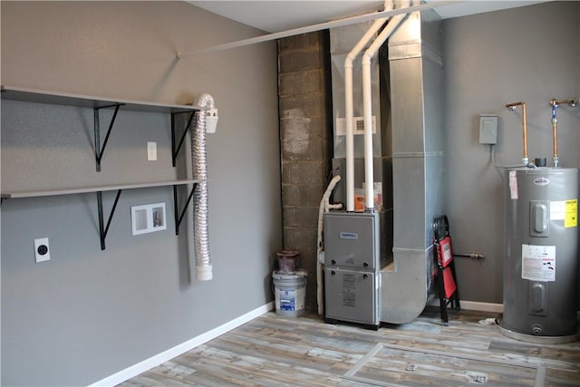 utility room featuring heating unit and water heater