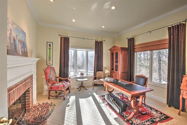 carpeted office space with recessed lighting, baseboards, ornamental molding, and a fireplace