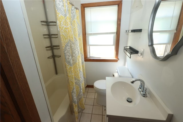 full bathroom featuring toilet, shower / tub combo, vanity, and tile patterned floors