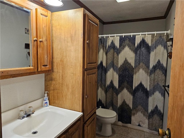 308 S Missouri St, Toledo, IL 62468 - bathroom with ornamental molding, vanity, a shower with curtain, tile patterned floors, and a textured ceiling