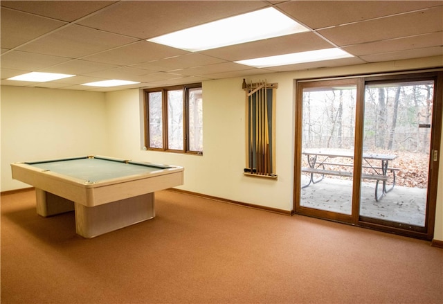 playroom featuring a paneled ceiling, light carpet, a healthy amount of sunlight, and billiards