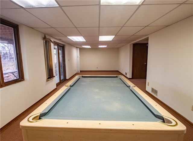 recreation room with a drop ceiling and billiards