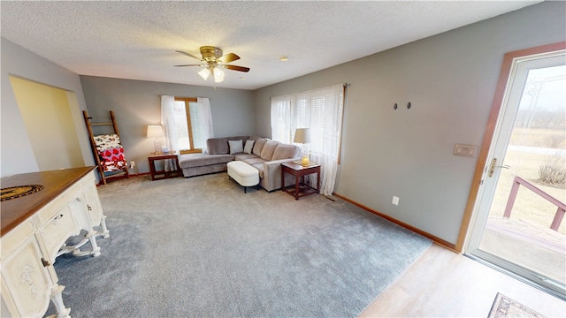 living area featuring a healthy amount of sunlight, baseboards, and a textured ceiling