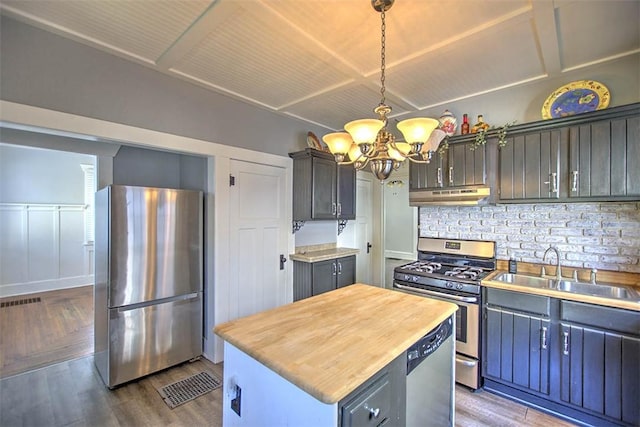 1470 W Decatur St, Decatur, IL 62522 - kitchen with stainless steel appliances, under cabinet range hood, butcher block counters, a chandelier, and wood finished floors