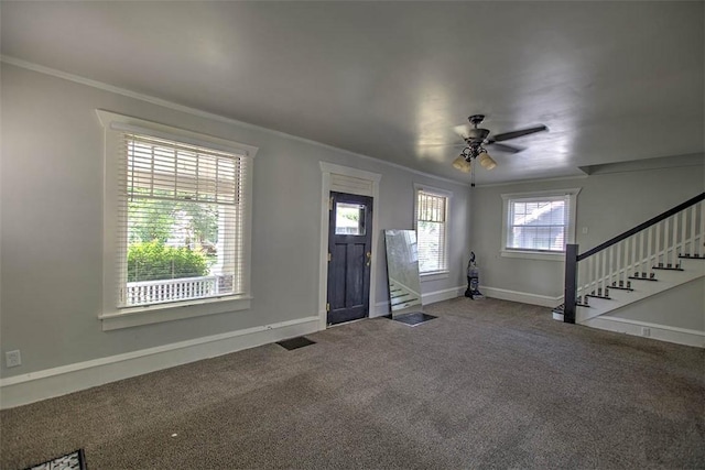 1470 W Decatur St, Decatur, IL 62522 - carpeted entrance foyer featuring stairs, crown molding, and ceiling fan