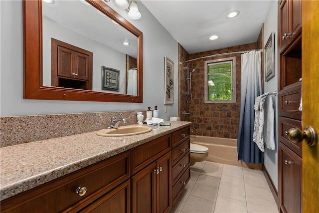 full bathroom featuring tile patterned flooring, vanity, toilet, shower / bath combination with curtain, and recessed lighting