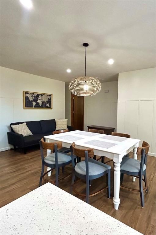 20786 Heritage Ln, Marshall, IL 62441 - dining space with recessed lighting, a decorative wall, wainscoting, and wood finished floors