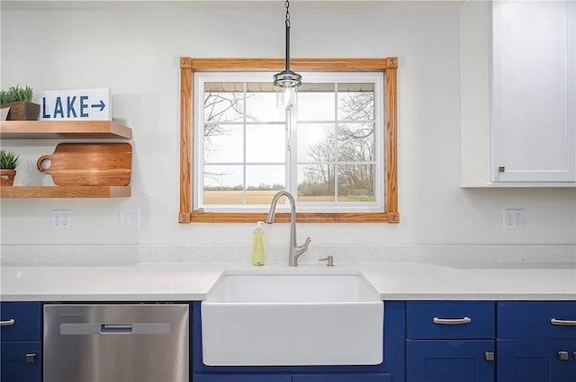 20786 Heritage Ln, Marshall, IL 62441 - kitchen with a sink, blue cabinets, open shelves, and dishwasher