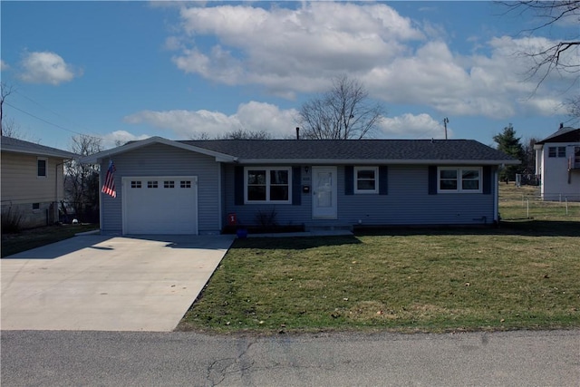 single story home with a front lawn, concrete driveway, an attached garage, and fence