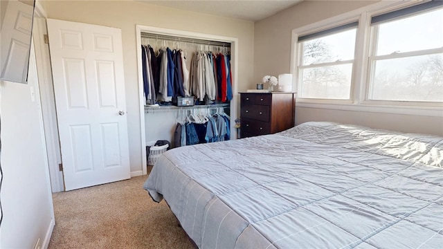 bedroom with a closet, carpet flooring, and baseboards