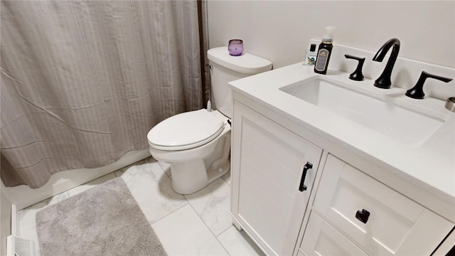 bathroom featuring curtained shower, toilet, vanity, and marble finish floor