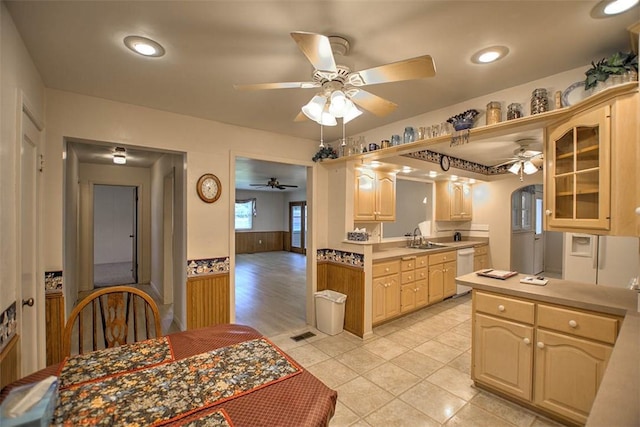 3204 Meadow Ln, Decatur, IL 62521 - kitchen featuring a ceiling fan, dishwasher, glass insert cabinets, light countertops, and light brown cabinets