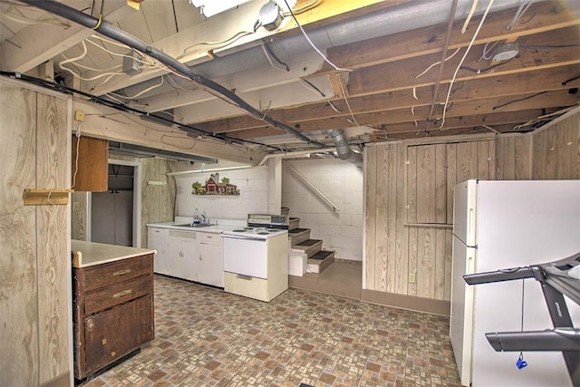 3204 Meadow Ln, Decatur, IL 62521 - unfinished basement featuring freestanding refrigerator, stairway, and brick patterned floors
