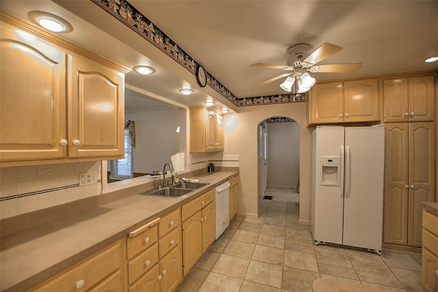 3204 Meadow Ln, Decatur, IL 62521 - kitchen with white appliances, light brown cabinetry, ceiling fan, and recessed lighting