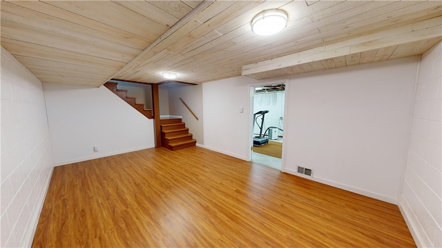 basement featuring wood ceiling and light hardwood / wood-style flooring