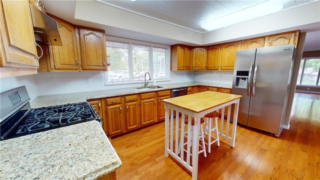 kitchen with light stone counters, sink, light hardwood / wood-style flooring, and stainless steel appliances