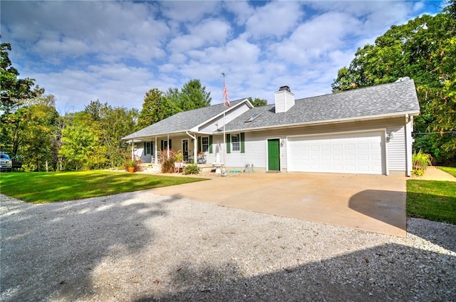 9234 E Cabin Rd, Oakley, IL 62501 - ranch-style house featuring driveway, covered porch, a front yard, an attached garage, and a chimney
